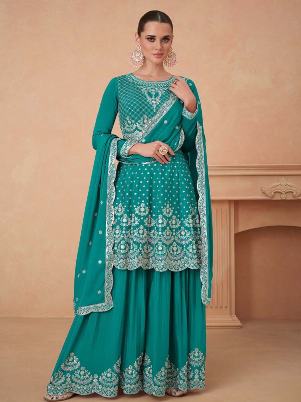 Aqua Green Premium Chinon Silk Sharara Suit